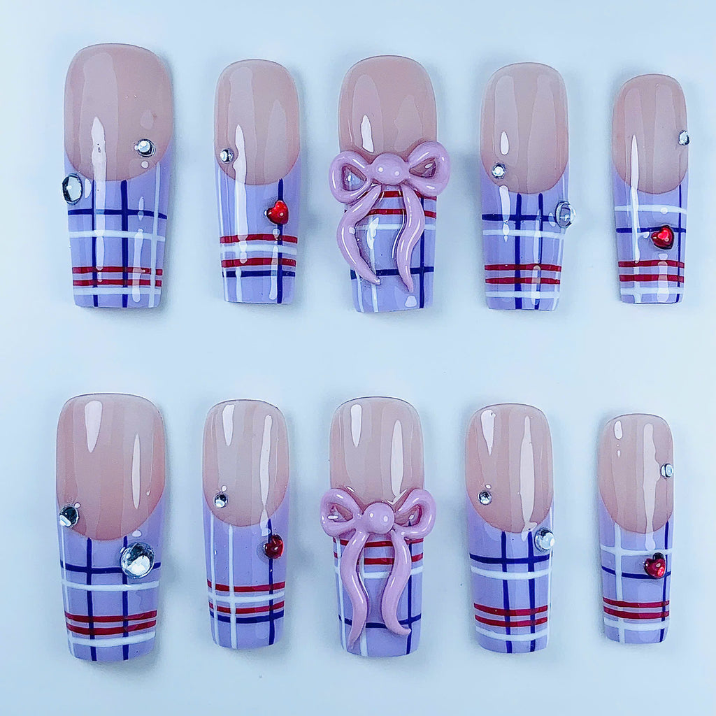 Coquette Plaid Bow Rhinestone Press On Nail Set