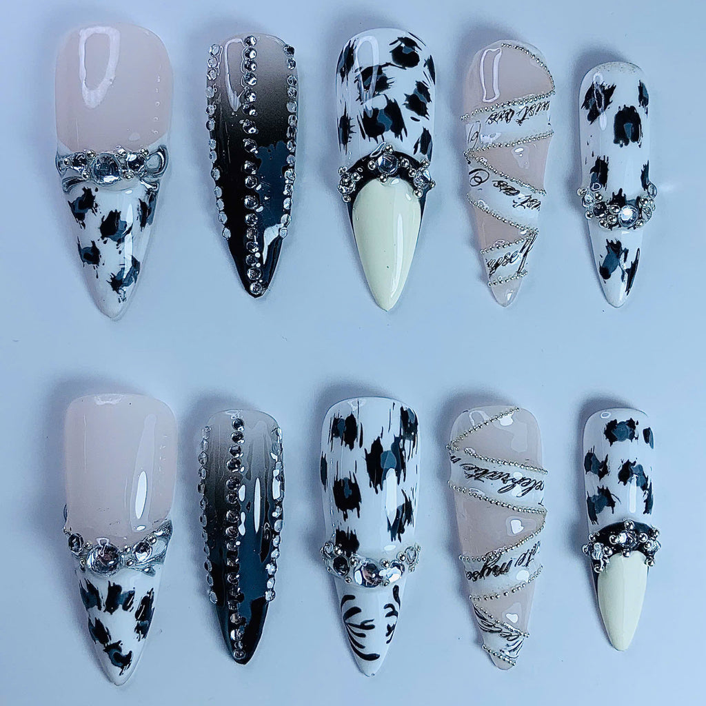 Cow Print Chrome Stiletto Press On Nails Set