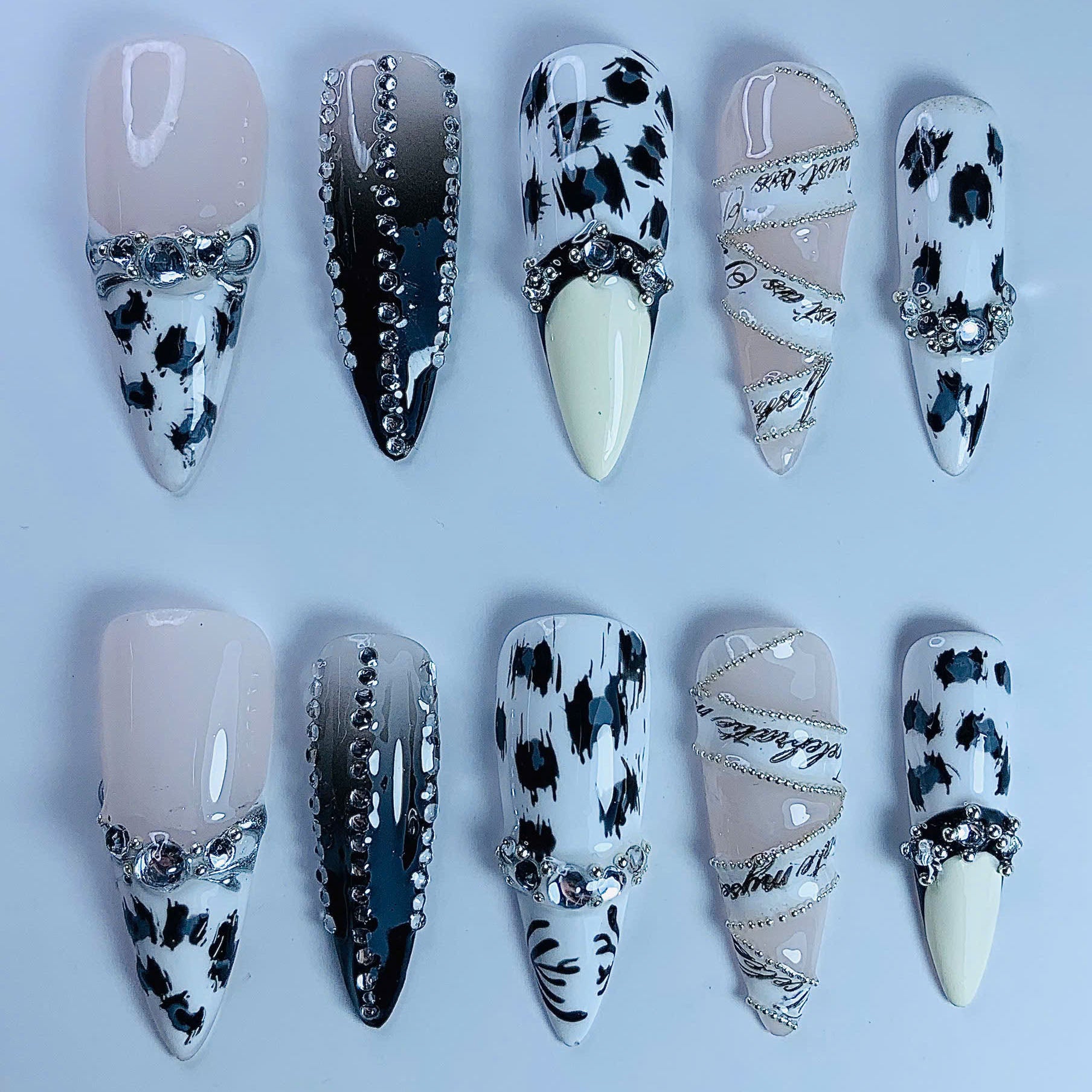 Cow Print Chrome Stiletto Press On Nails Set