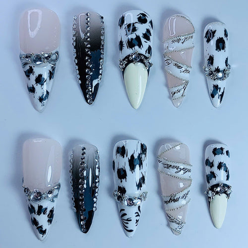 Cow Print Chrome Stiletto Press On Nails Set
