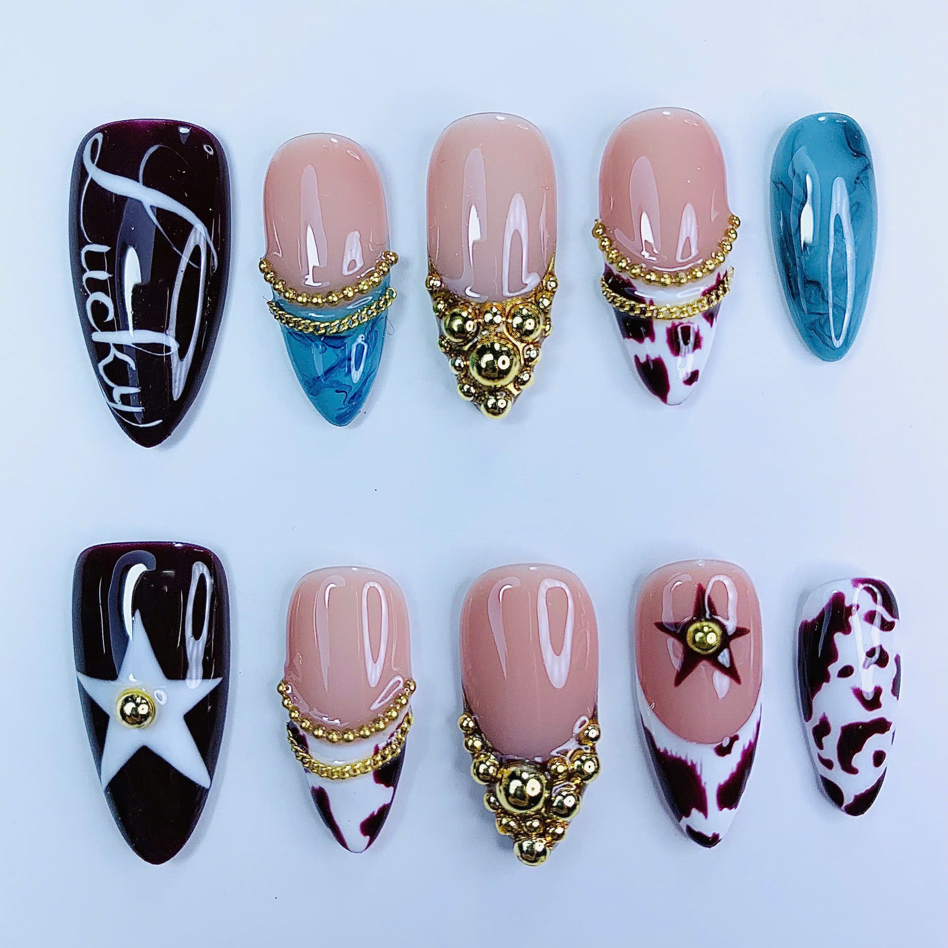 Cow Print Gold Chain Almond Press On Nails Set