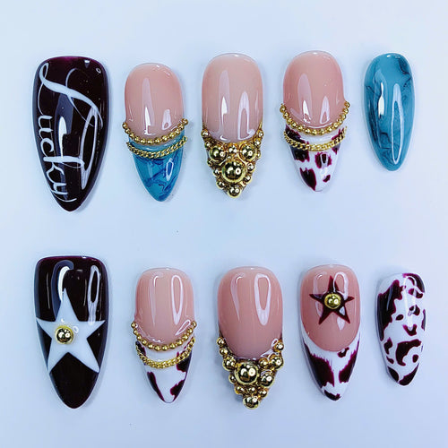 Cow Print Gold Chain Almond Press On Nails Set