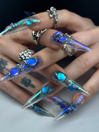 Cyber Chrome Blue Gemstone Handmade Press On Nails
