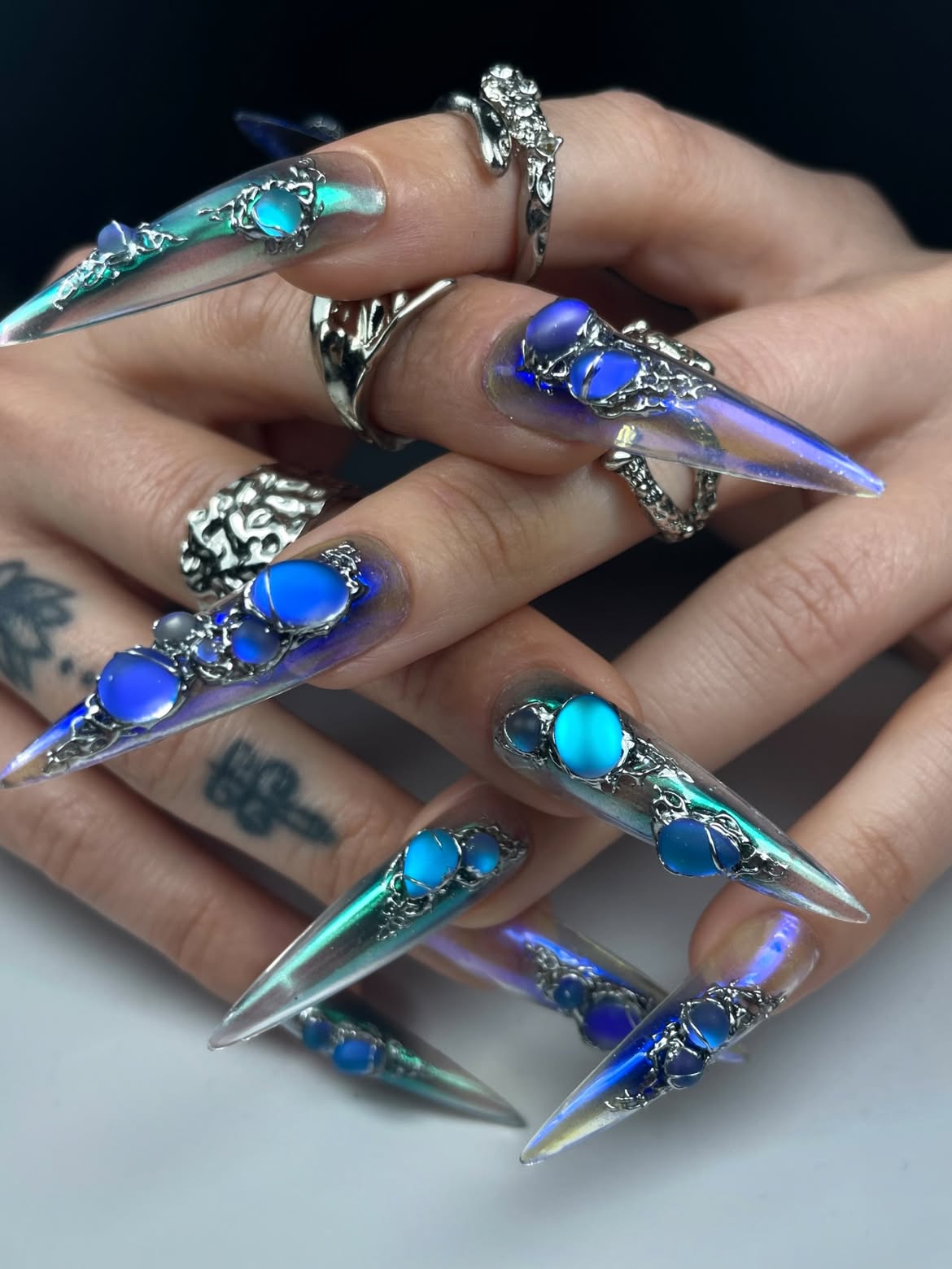 Cyber Chrome Blue Gemstone Handmade Press On Nails
