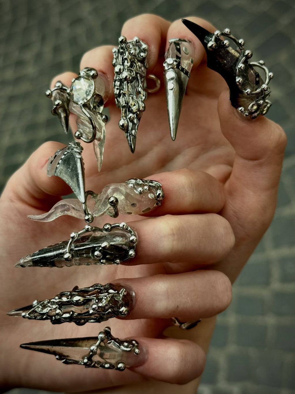 Dark Gothic Chrome Silver Handmade Press On Nails