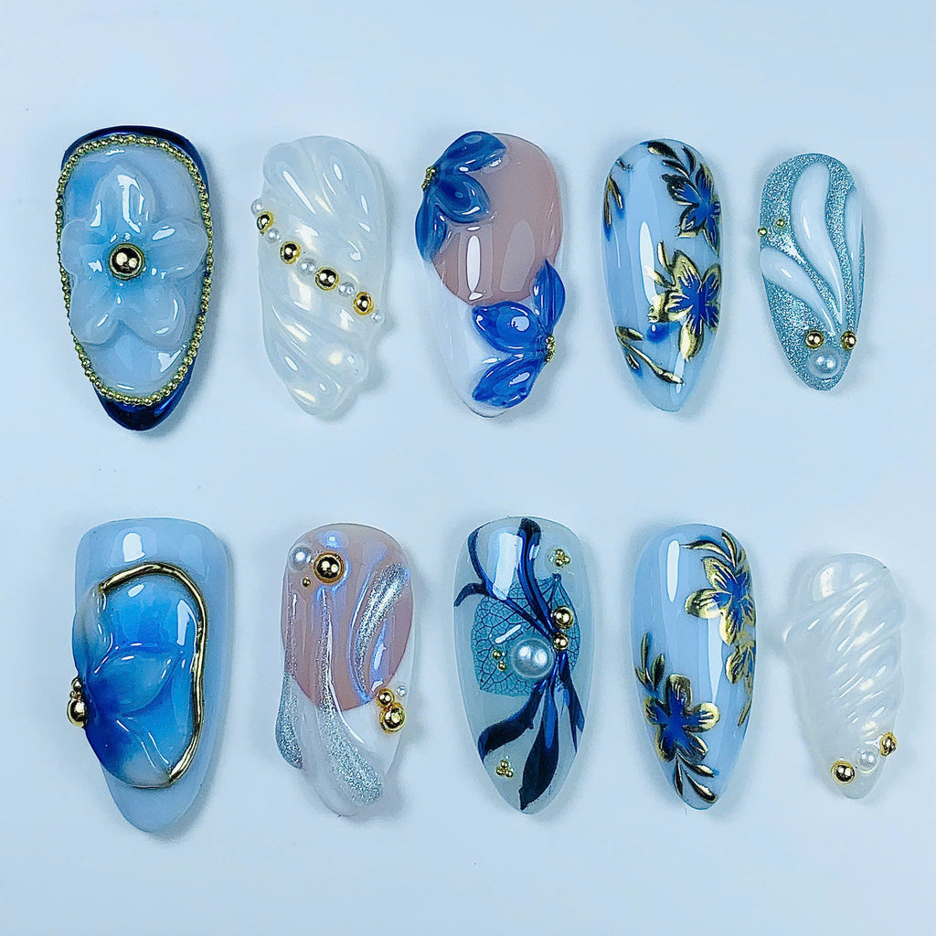 Elegant Blue Floral Pearl Press On Nail Set