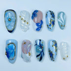 Elegant Blue Floral Pearl Press On Nail Set