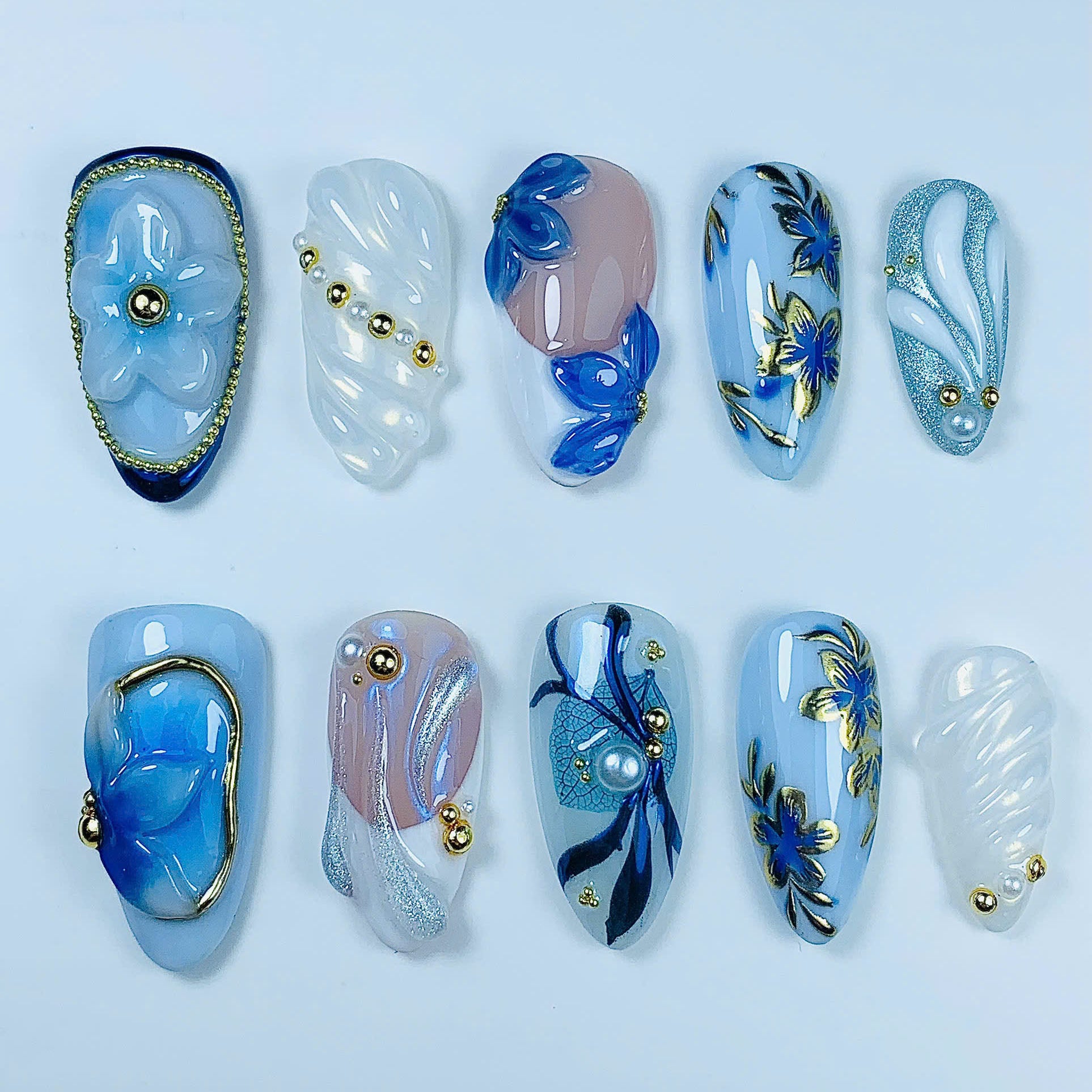 Elegant Blue Floral Pearl Press On Nail Set
