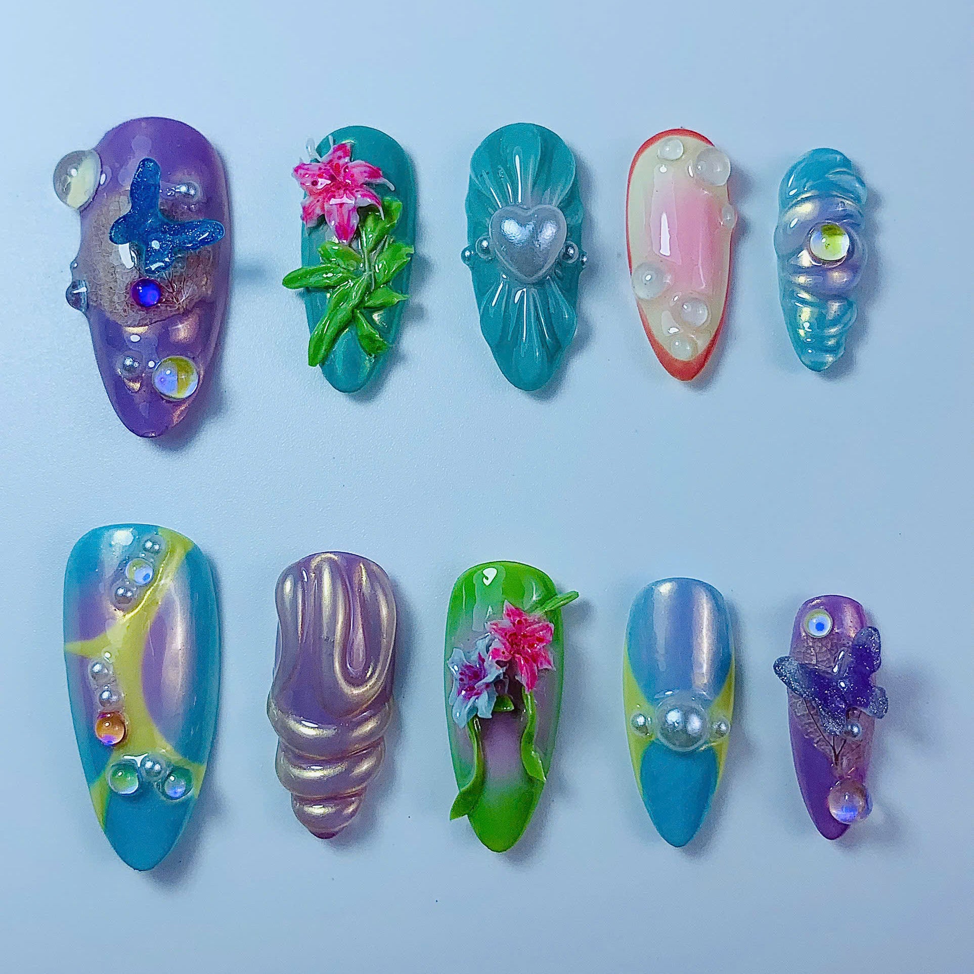 Fantasy Butterfly Floral Pearl Press On Nail Set Handmade Mermaid Dream Design