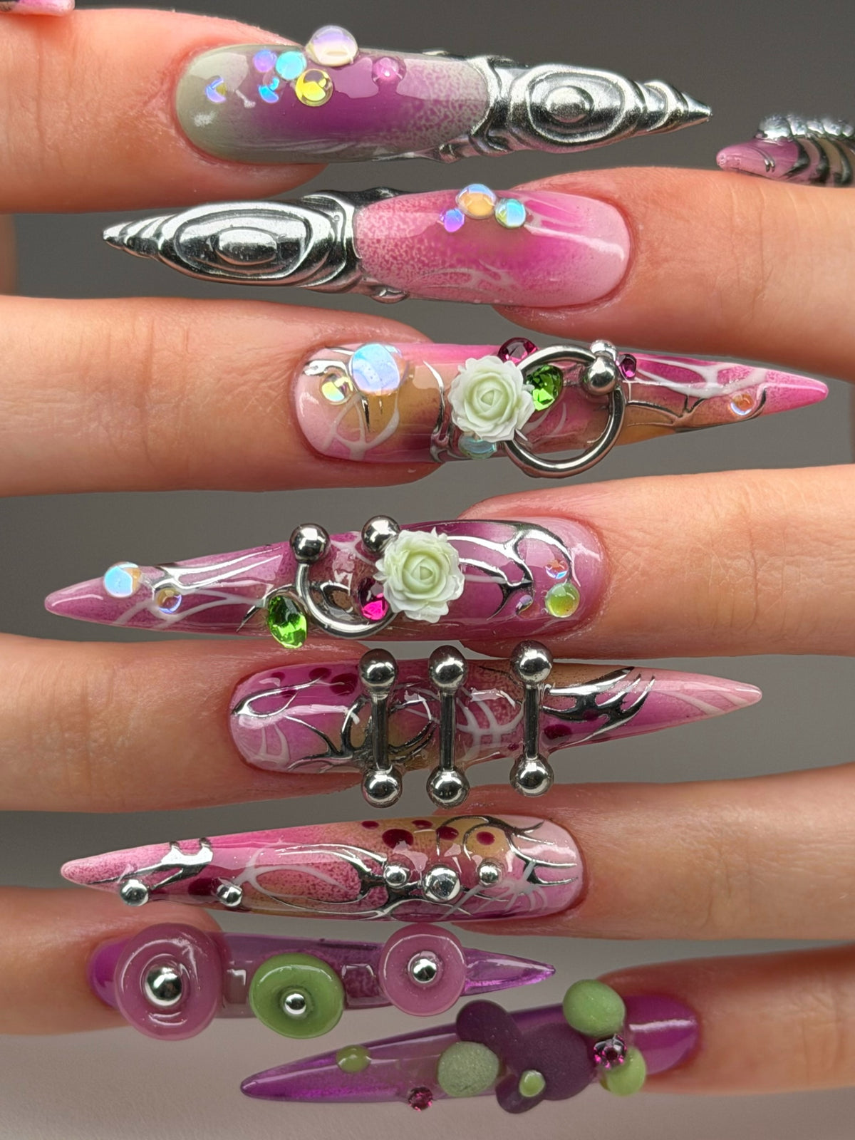 Futuristic Pink Chrome Sculptural Press On Nails