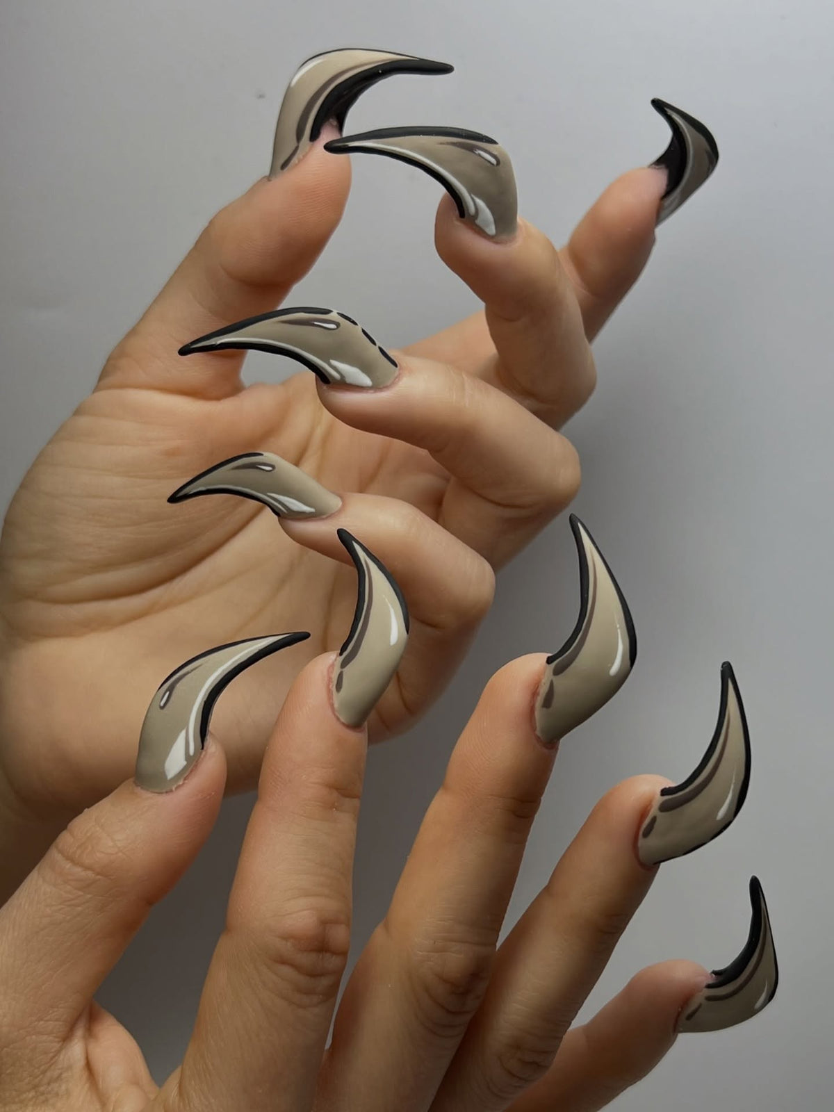 Gothic Taupe Black Curved Stiletto Press On Nails