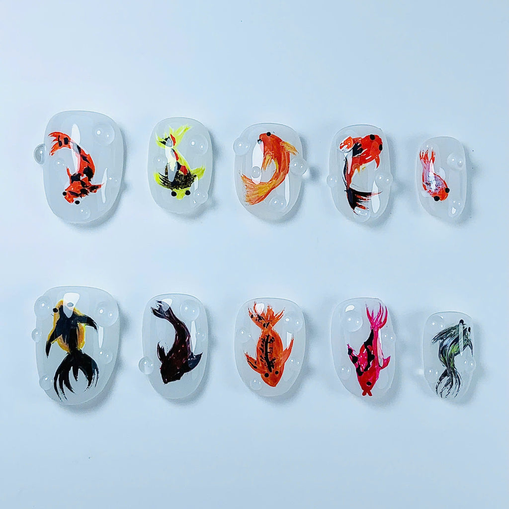 Hand Painted Koi Fish Press On Nail Set Handmade Aquarium Art