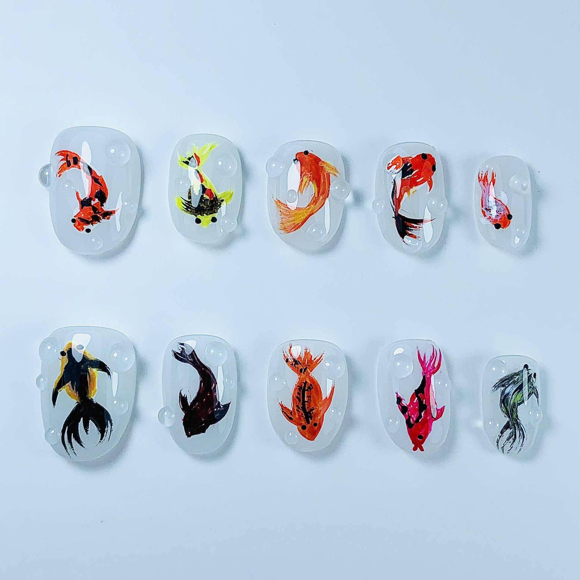 Hand Painted Koi Fish Press On Nail Set Handmade Aquarium Art