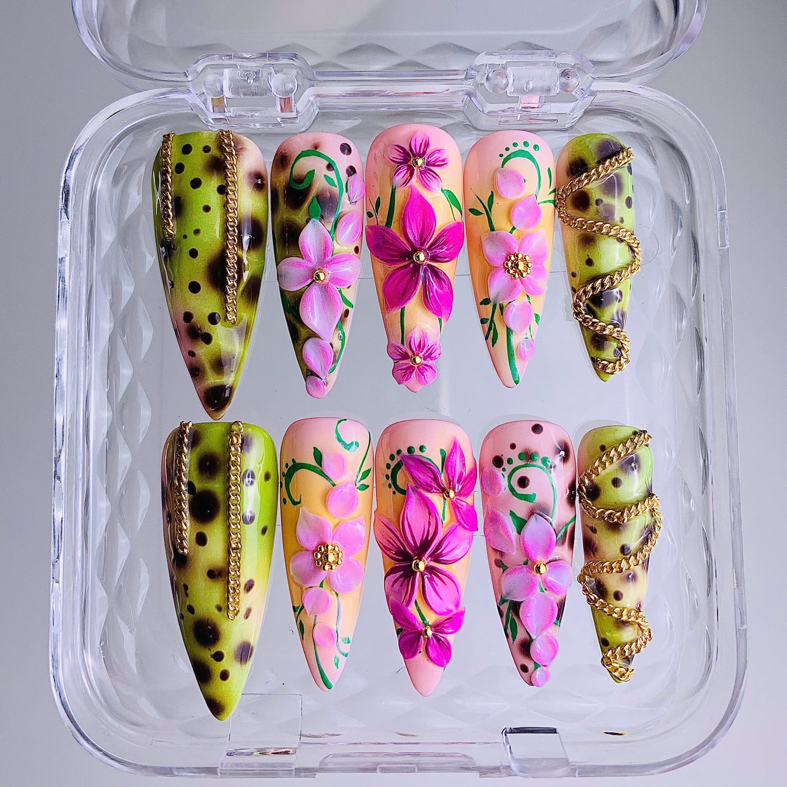Hand Painted Tropical Floral Summer Luxury Almond Press On Nail Set