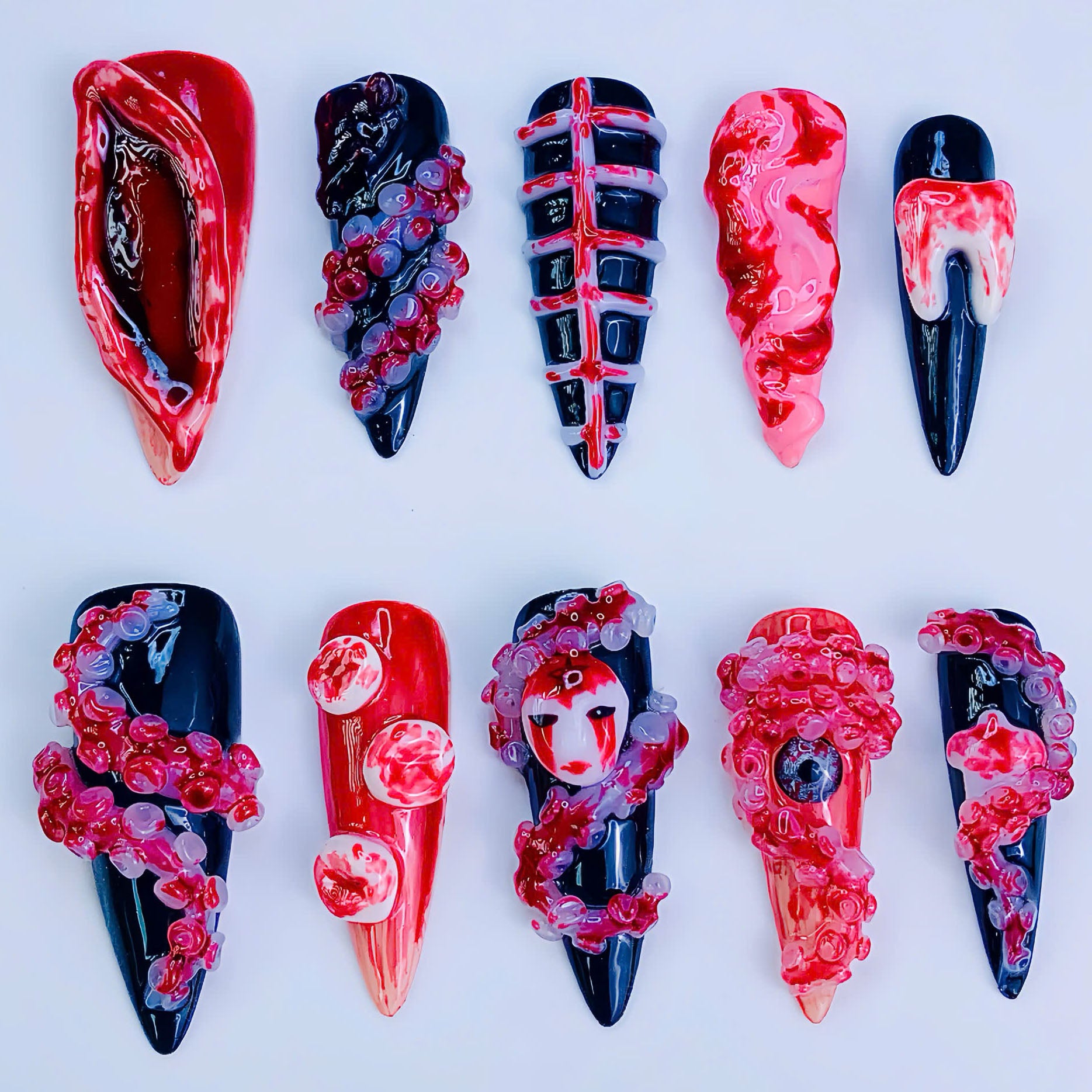 Horror Gothic Press On Nails Handmade 3D Sculptural Halloween Art Set