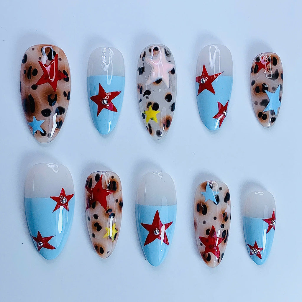 Leopard Starfish Almond Press On Nails Beach Set