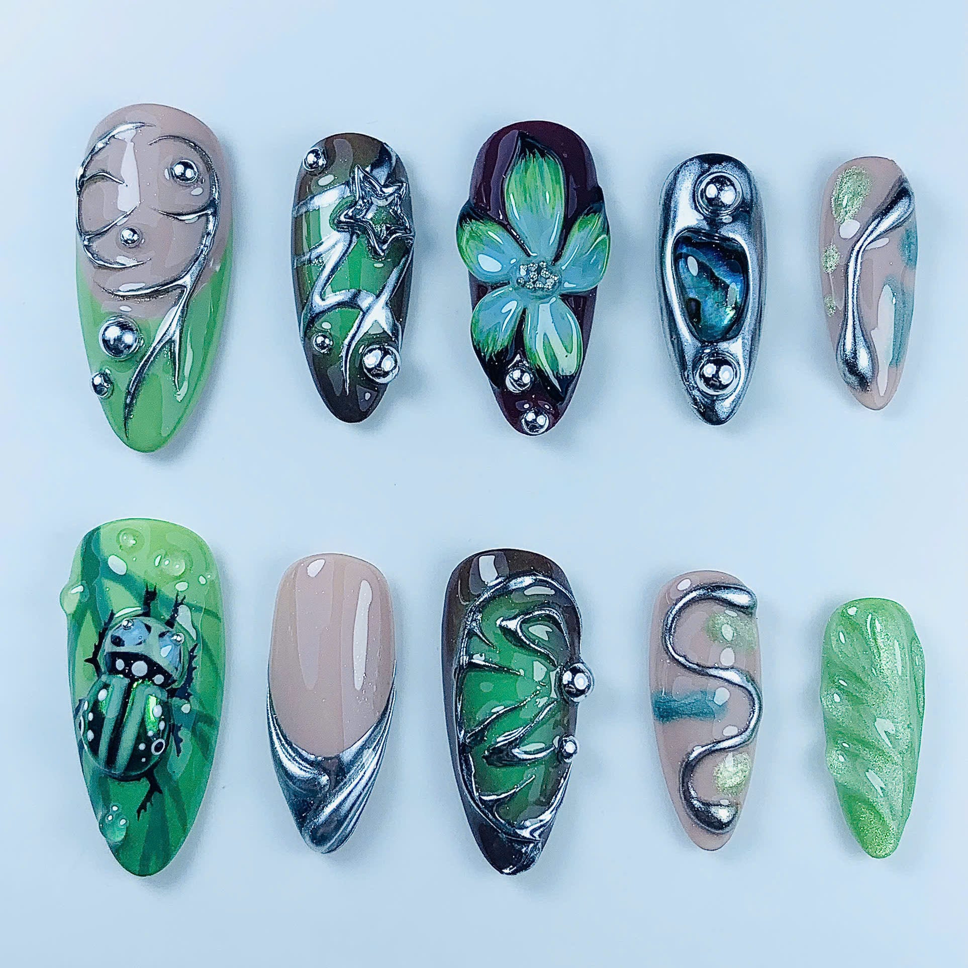 Luxury Botanical Beetle Handmade Press On Nail Set