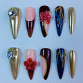 Luxury Burgundy Gold Floral Chrome Press On Nail Set Handmade Elegant Design
