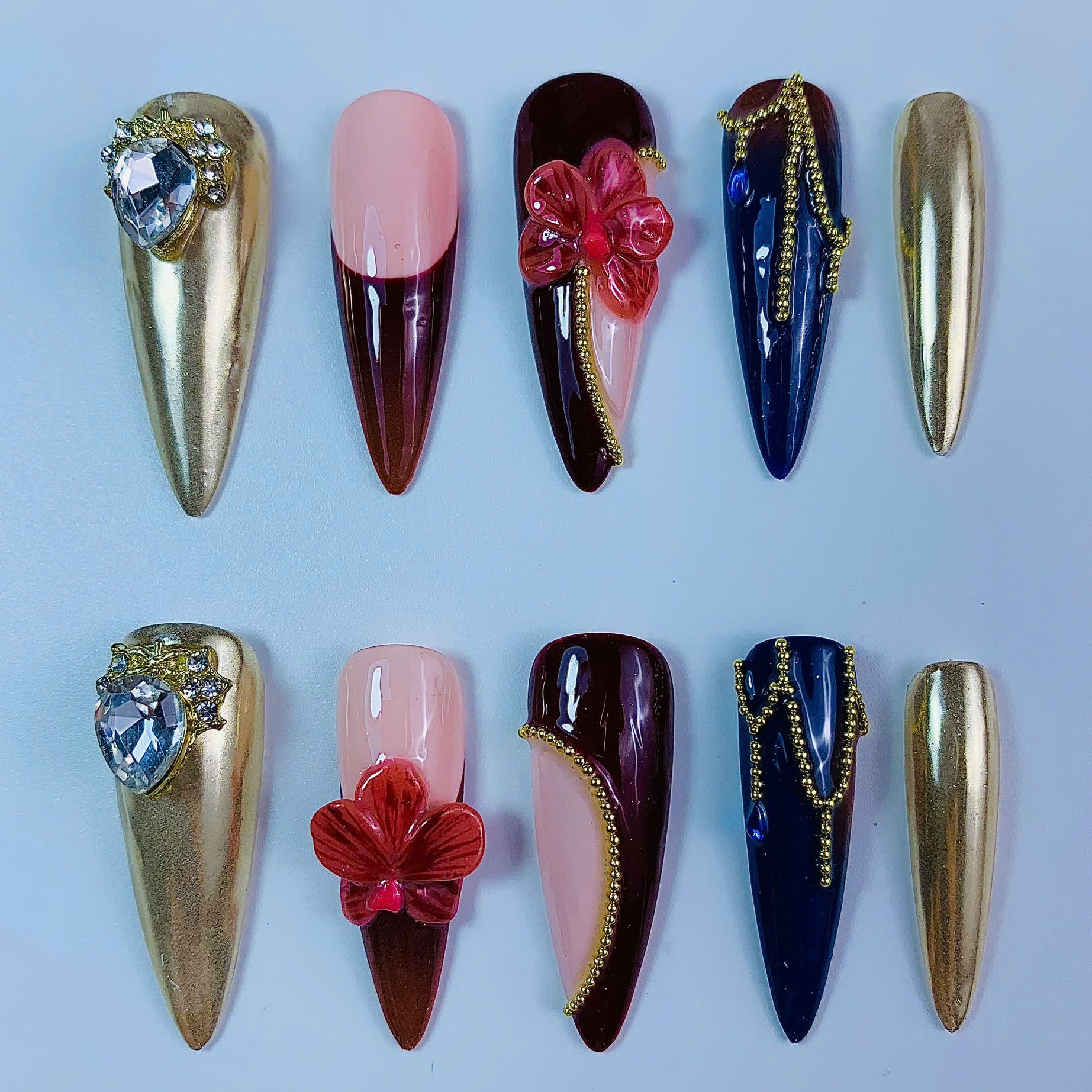 Luxury Burgundy Gold Floral Chrome Press On Nail Set Handmade Elegant Design