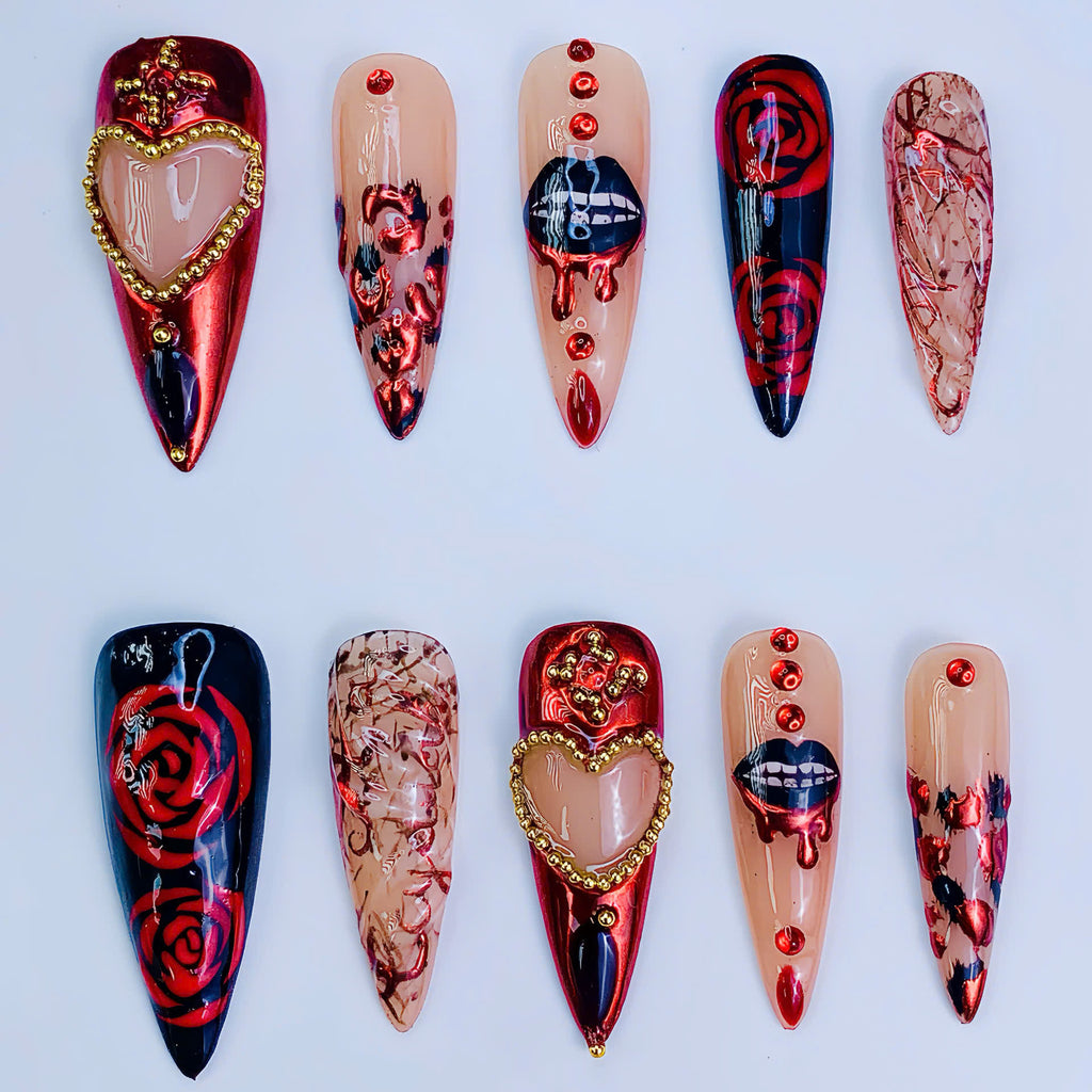 Luxury Gothic Chrome Rose Heart Stiletto Press On Nail Set