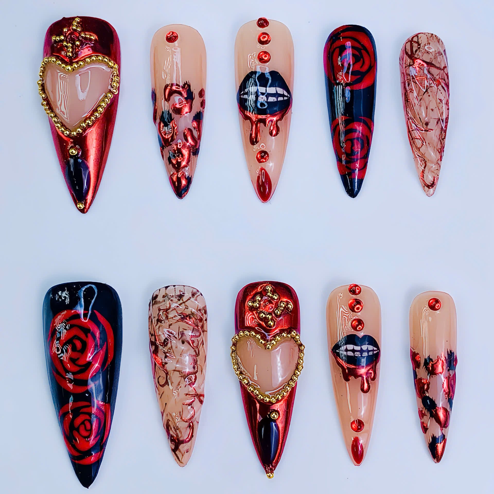 Luxury Gothic Chrome Rose Heart Stiletto Press On Nail Set