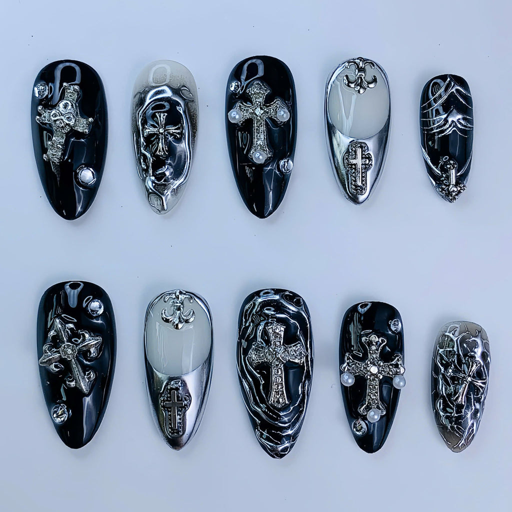 Luxury Gothic Cross Black Silver Chrome Press On Nail Set