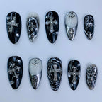 Luxury Gothic Cross Black Silver Chrome Press On Nail Set