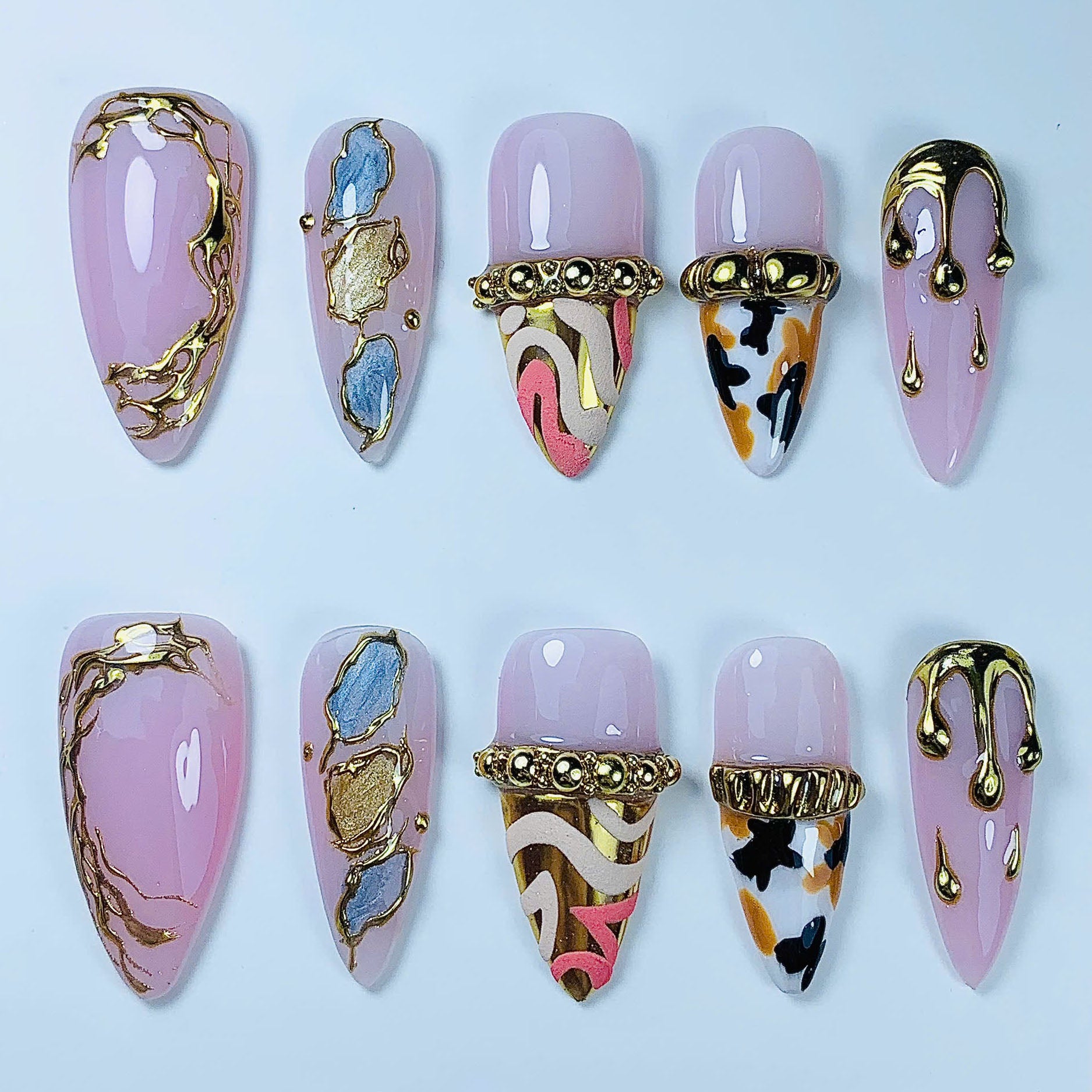 Luxury Marble Gold Press On Nail Set Handmade Abstract Art Design