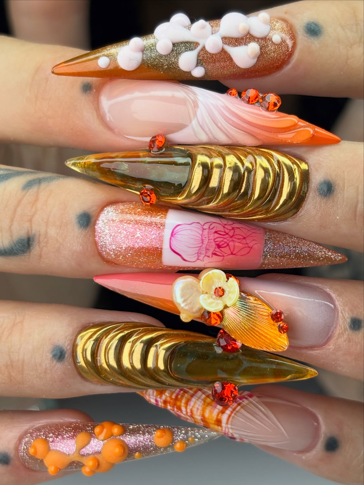 Mermaidcore Seashell Orange Gold Handmade Press On Nails