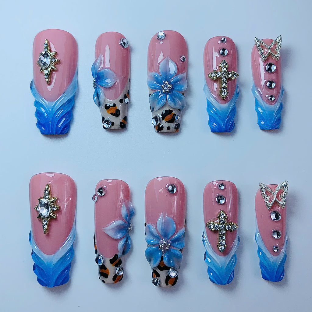 Pink Blue Floral Butterfly Cross Press On Nail Set Handmade Luxury Design
