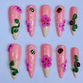 Pink Floral Ladybug Garden Spring Handmade Press On Nail Set