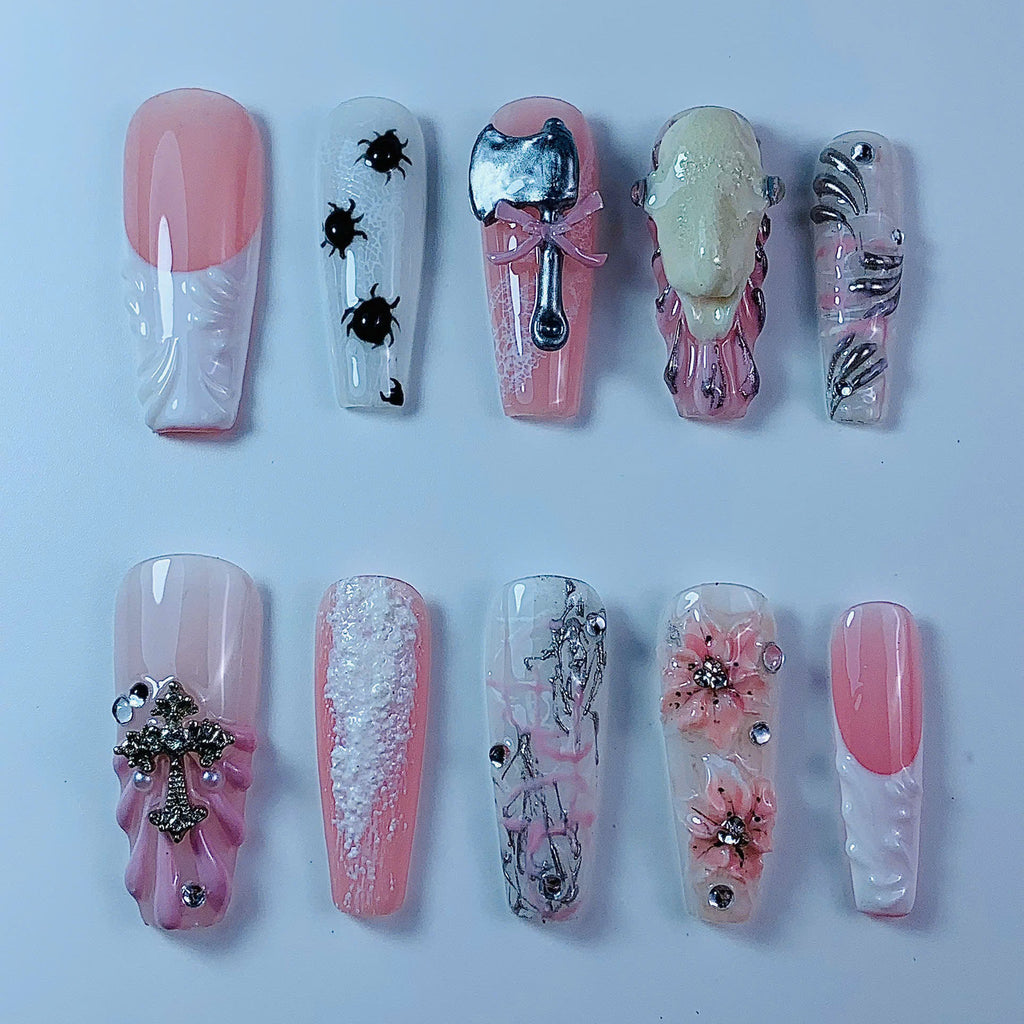 Pink Gothic Floral Cross Skull Press On Nail Set Handmade Art Design