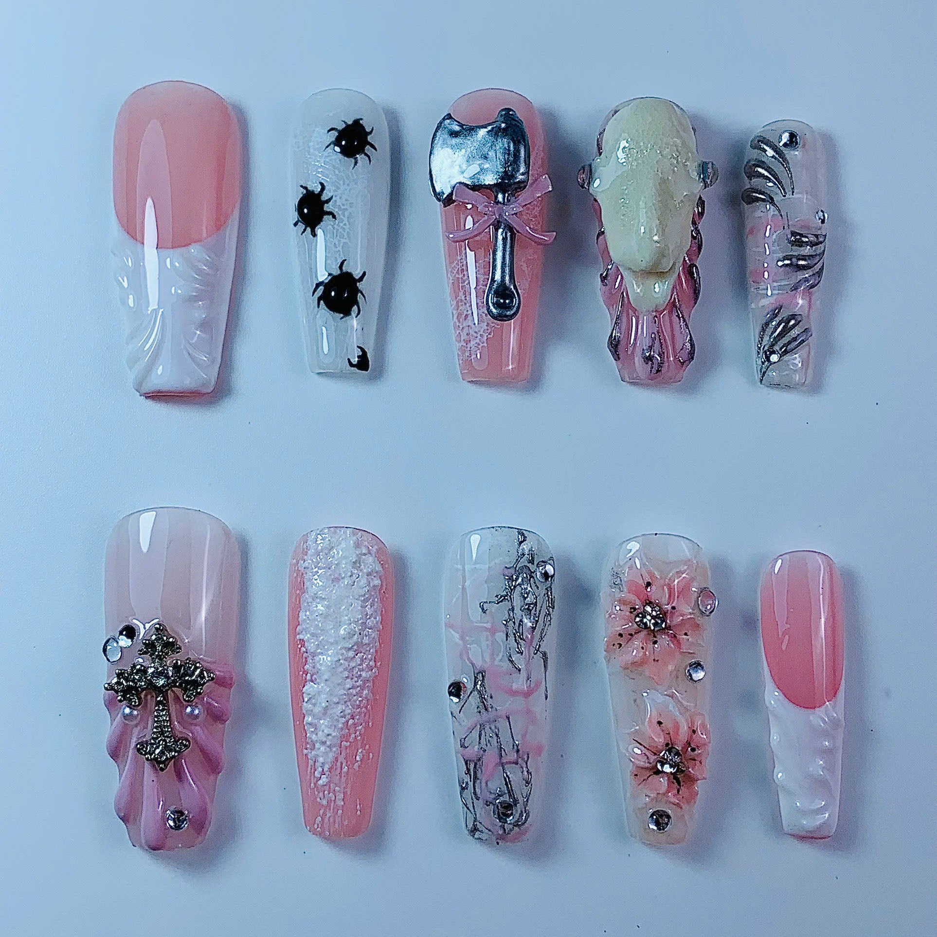 Pink Gothic Floral Cross Skull Press On Nail Set Handmade Art Design