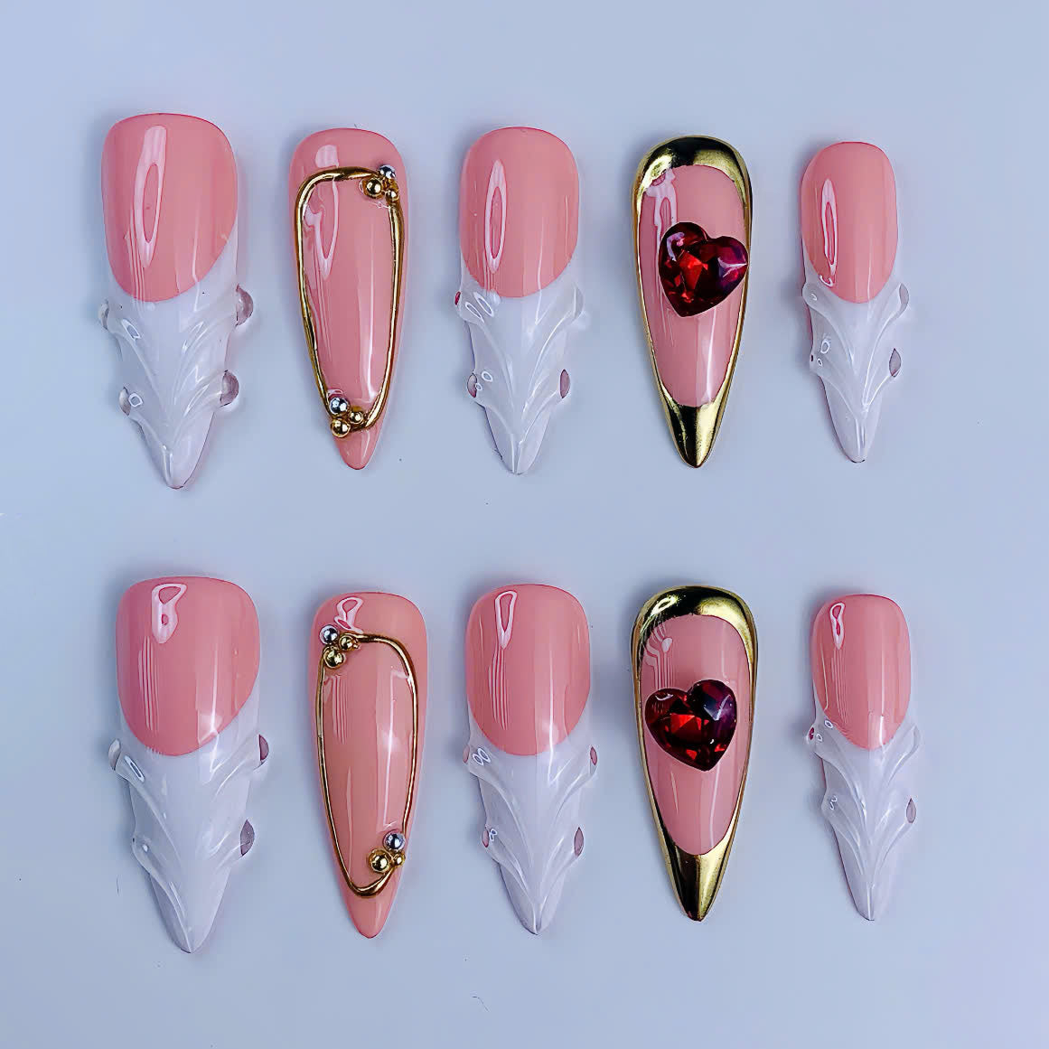 Pink Heart French Press On Nails Handmade 3D Romantic Elegant Nail Set