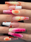 Pink Orange 3D Rhinestone Jelly Ombre Square Press On Nails