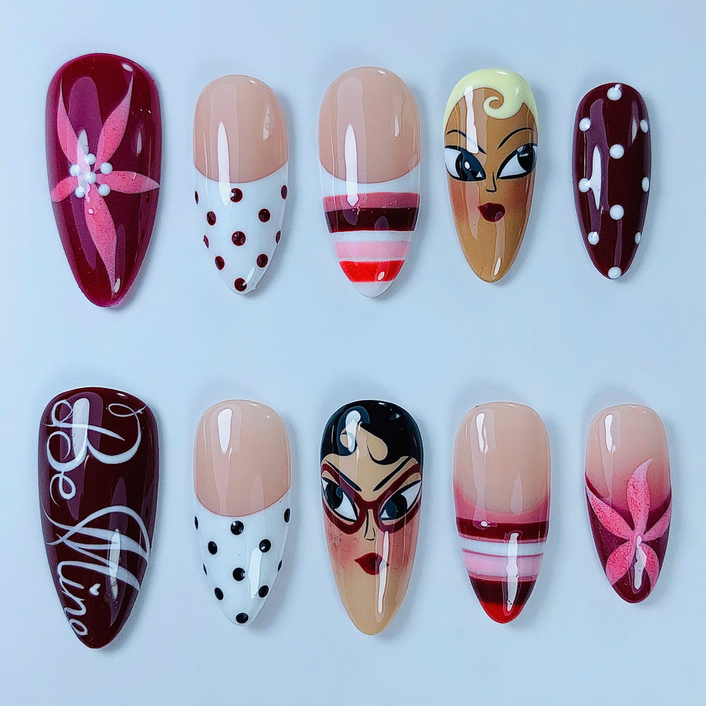 Retro Cartoon Character Burgundy Stiletto Press On Nails Set