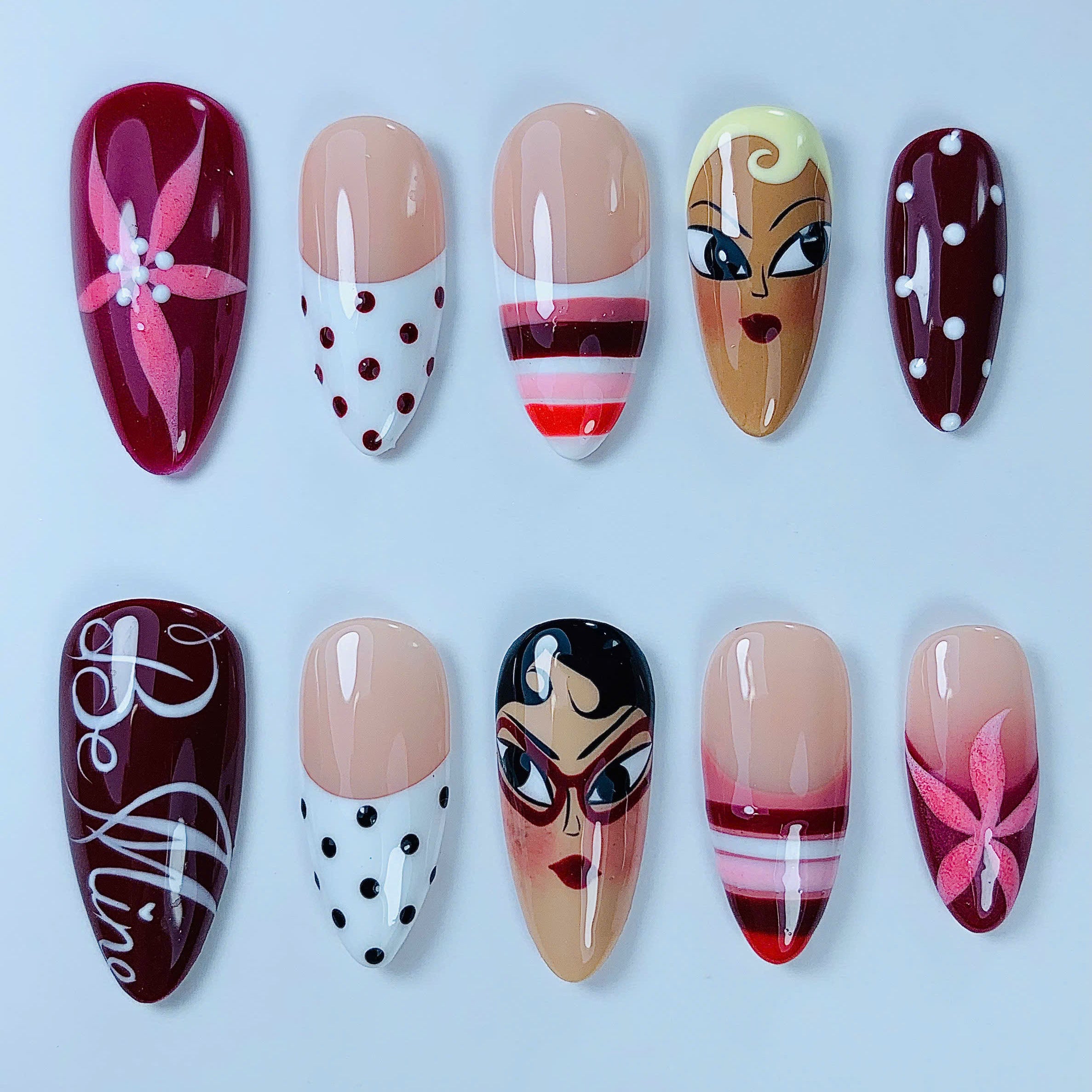 Retro Cartoon Character Burgundy Stiletto Press On Nails Set