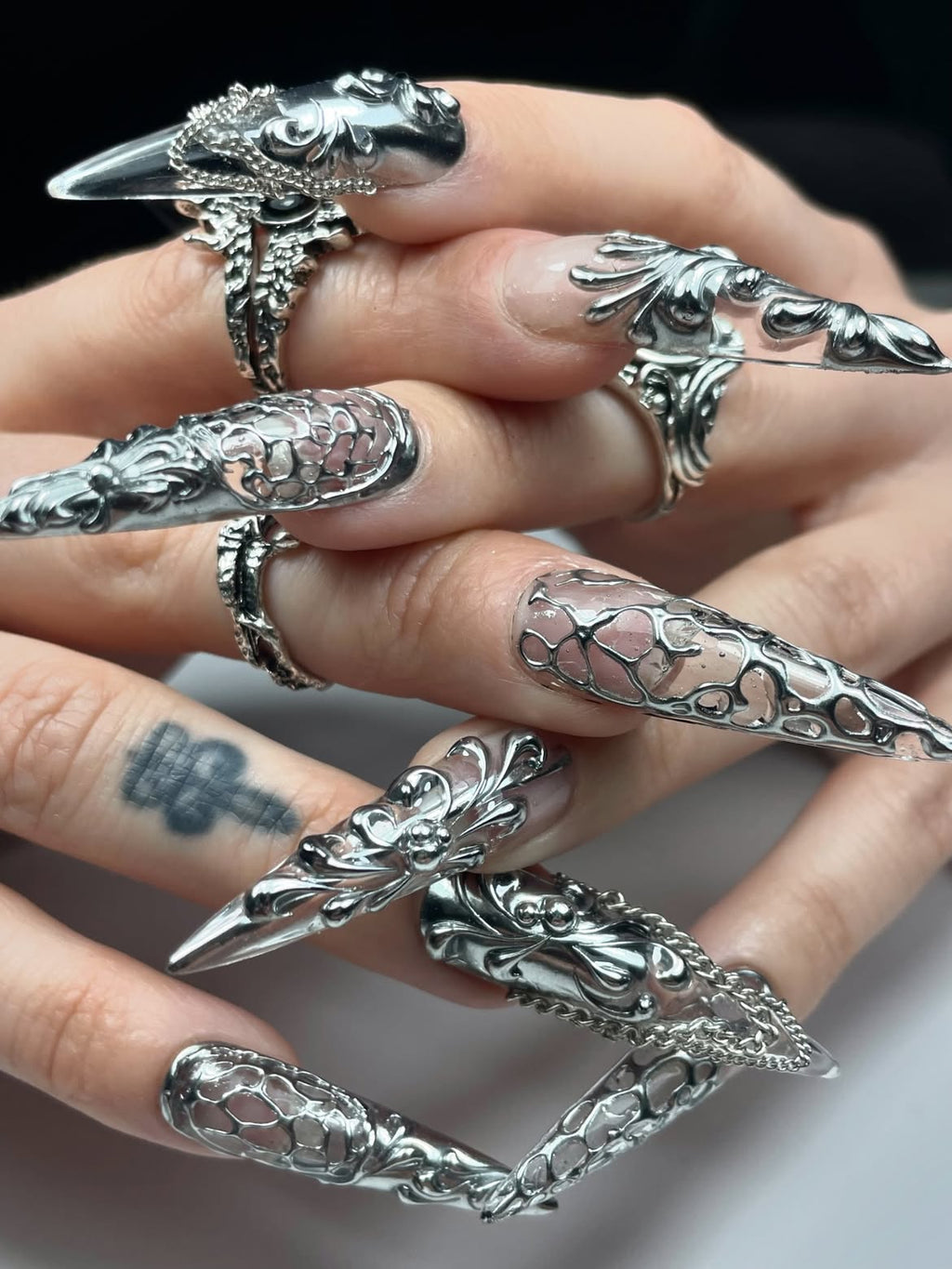 Silver Chrome 3D Gothic Baroque Stiletto Press On Nails