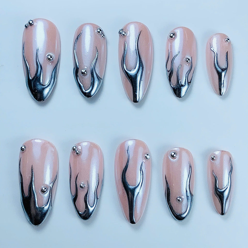 Silver Chrome Flame Press On Nail Set Handmade Metallic Minimalist Design Art
