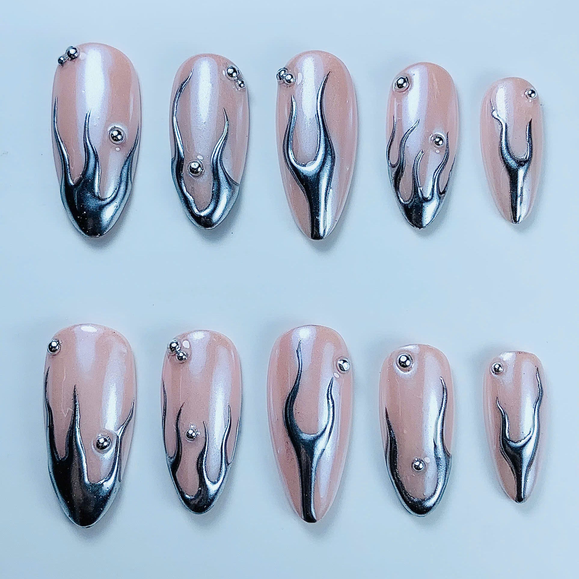 Silver Chrome Flame Press On Nail Set Handmade Metallic Minimalist Design Art