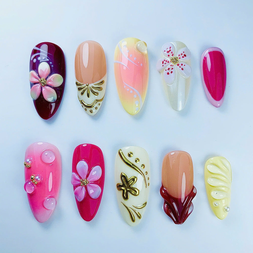 Tropical Floral Hibiscus Press On Nail Set Handmade Summer Art Design