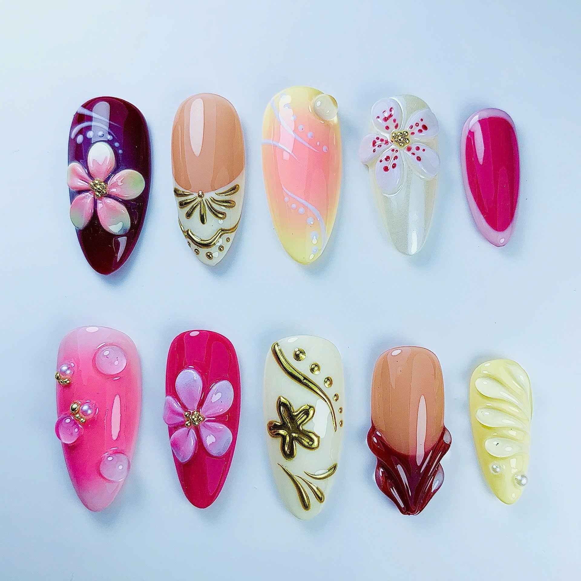 Tropical Floral Hibiscus Press On Nail Set Handmade Summer Art Design
