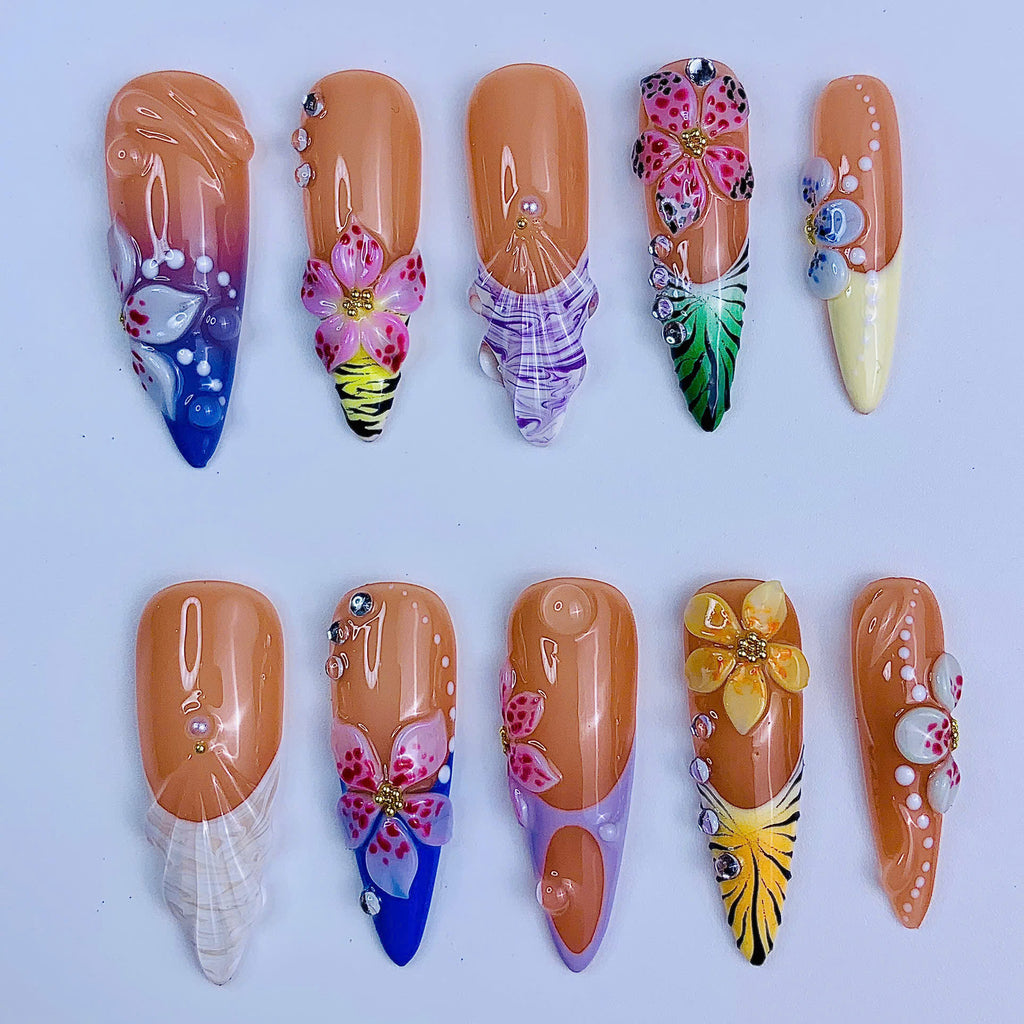 Tropical Floral Seashell Handmade Summer Press On Nail Set