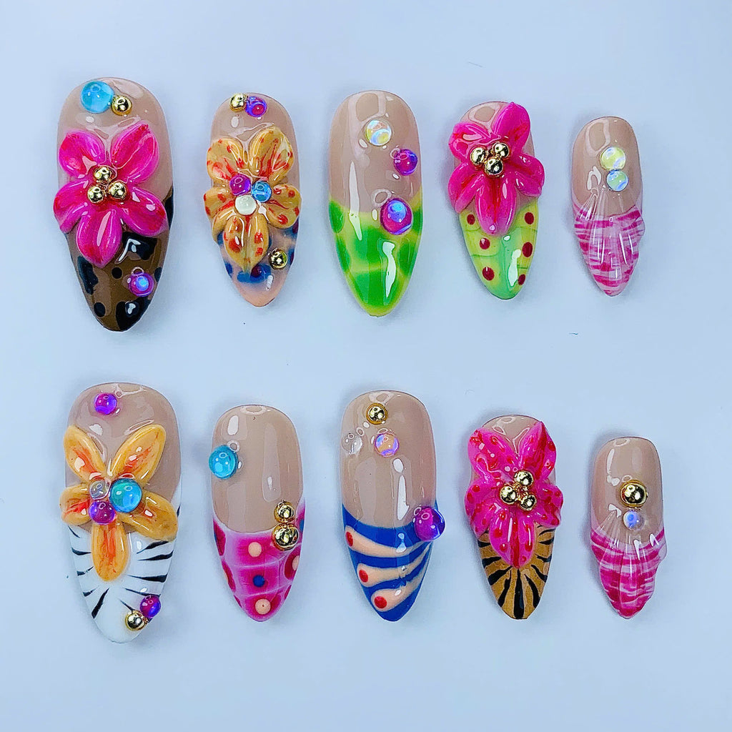 Tropical Flower Almond Press On Nails Handmade Summer Art Set
