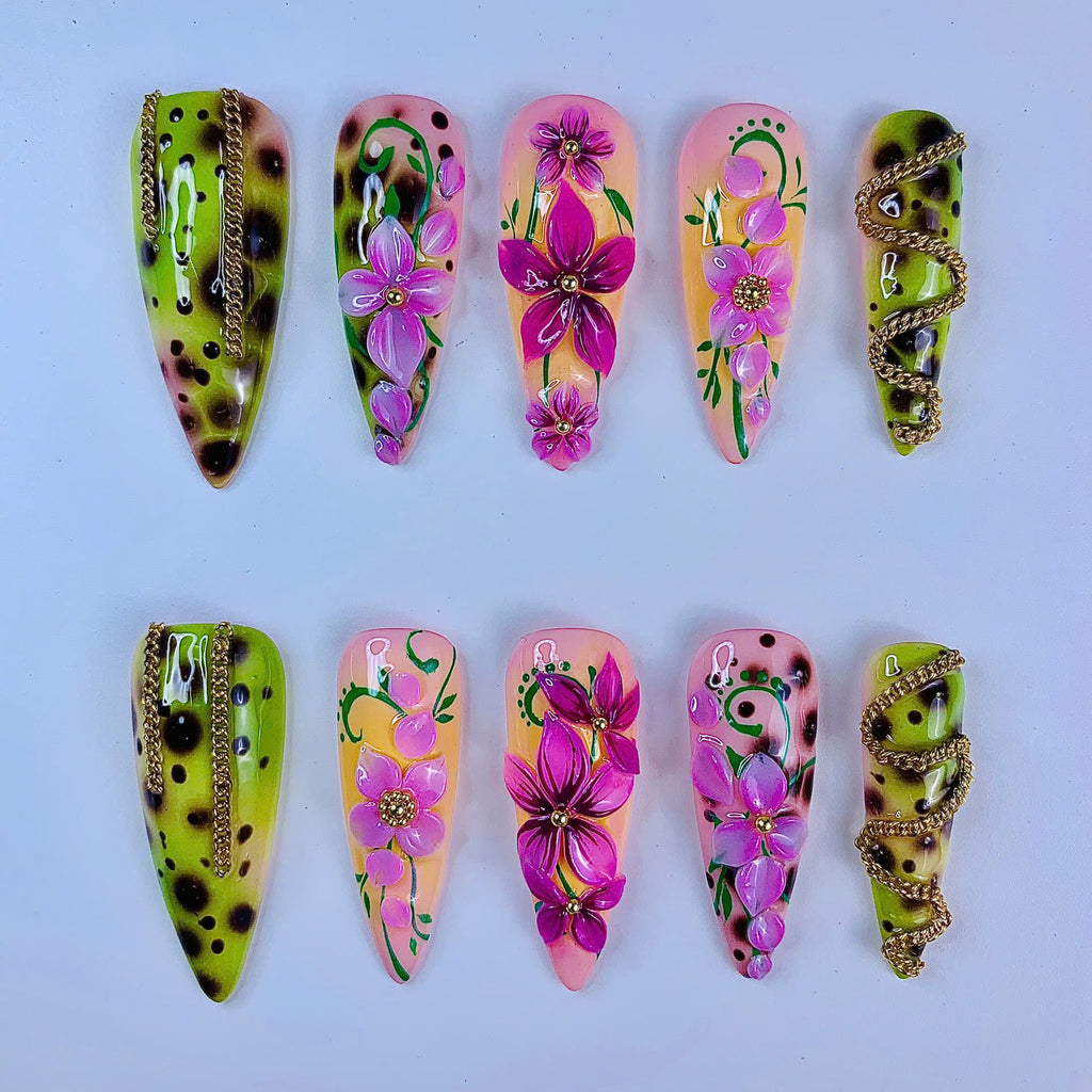 Tropical Orchid Leopard Handmade Floral Press On Nail Set