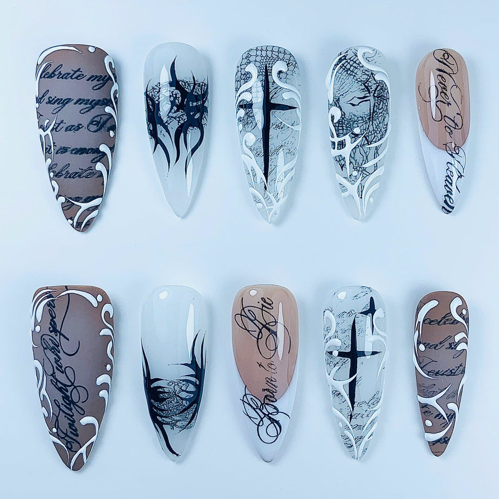 Vintage Gothic Calligraphy Handmade Press On Nail Set