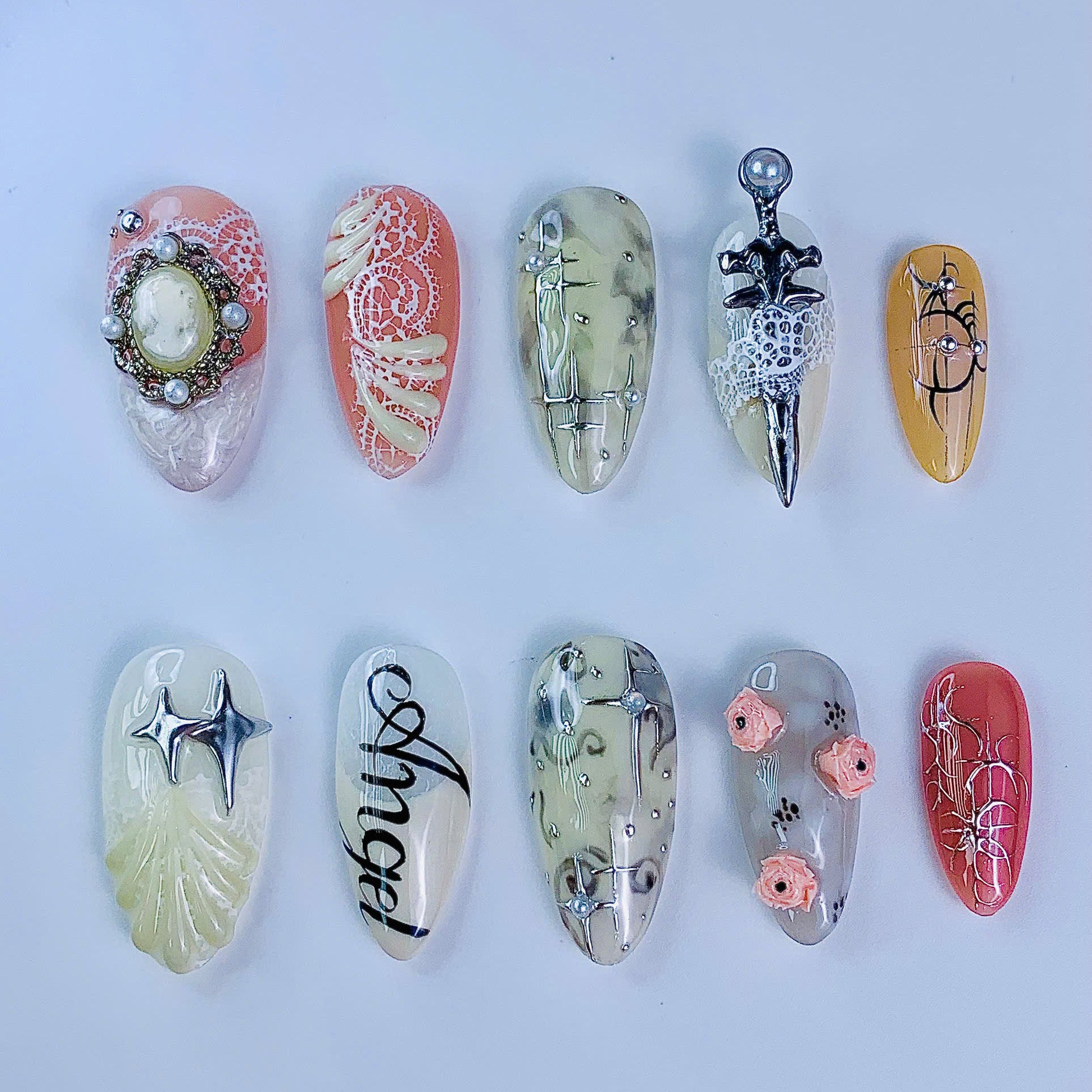 Vintage Mixed Art Press On Nails Luxury Handmade Almond Press On Set