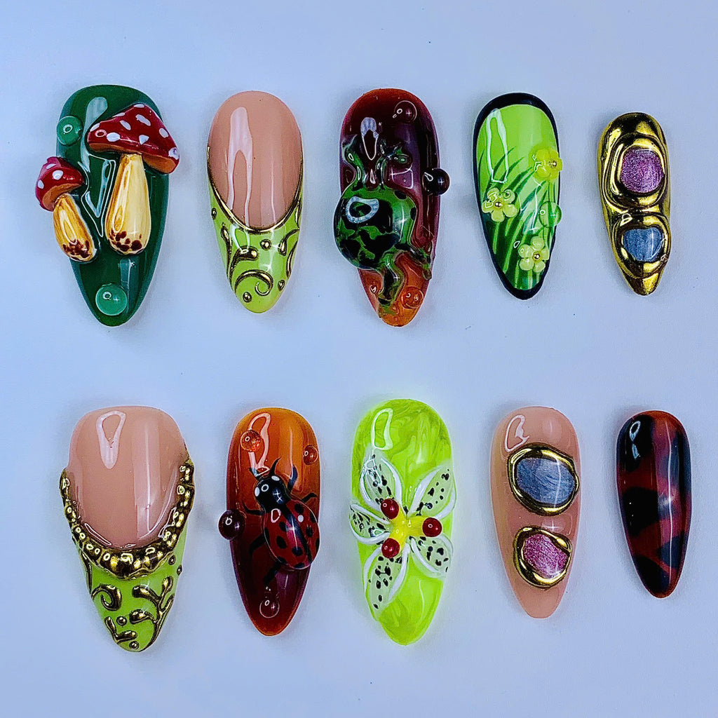 Woodland Fantasy Sculptural Handmade Press On Nail Set Luxury Design Collection