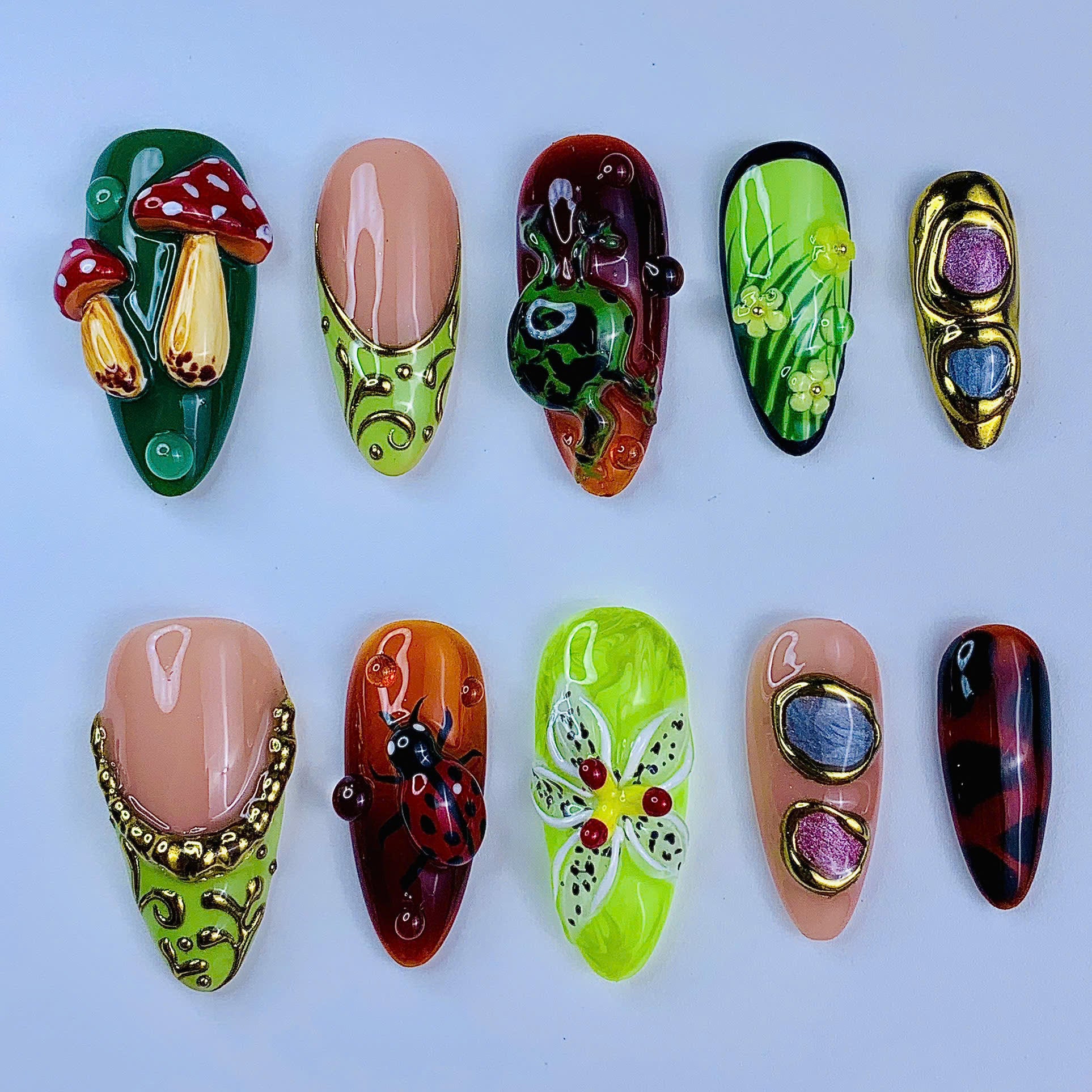 Woodland Fantasy Sculptural Handmade Press On Nail Set Luxury Design Collection