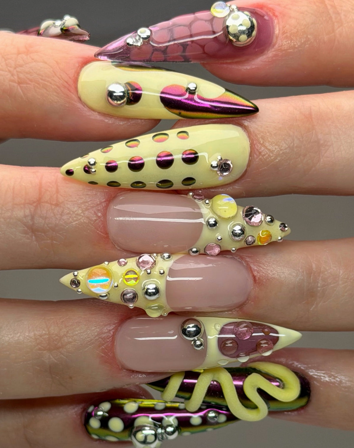 Y2K Neon Chrome Polka Dot Handmade Press On Nails